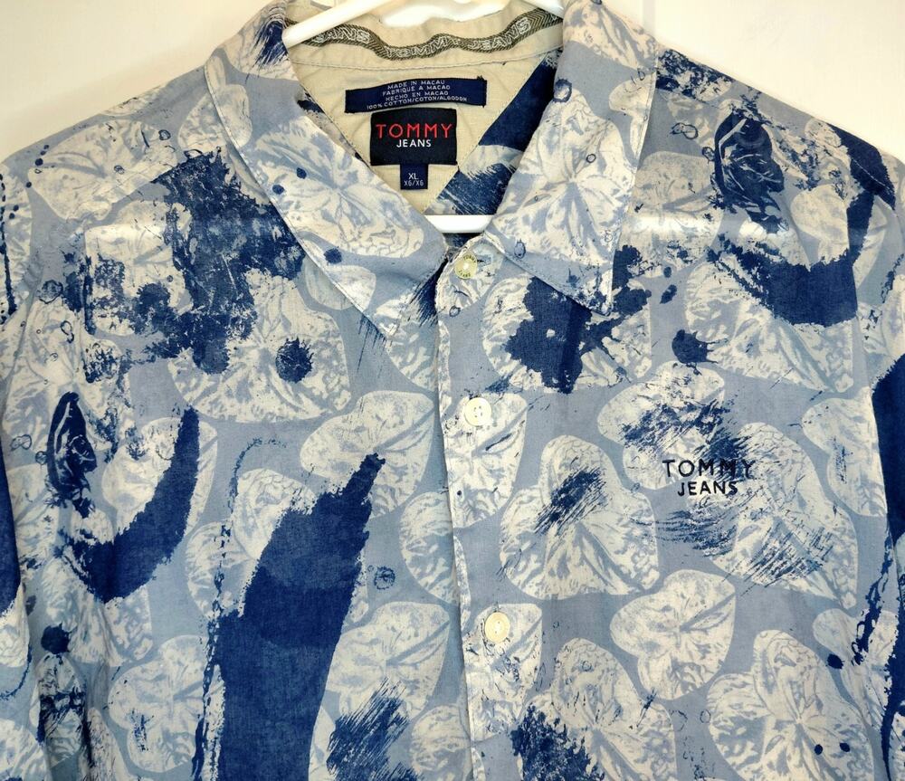 Vintage Tommy Jeans Hawaiian Shirt XL Blue Abstract Floral Camp 2000 Hilfiger